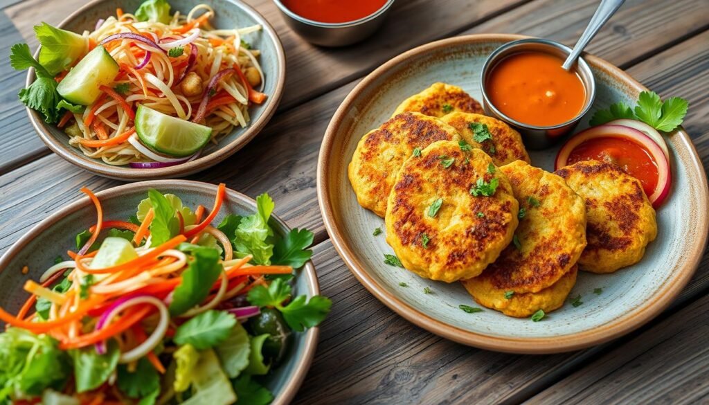 A beautifully plated dish of golden chickpea patties garnished with fresh herbs, served alongside a colorful array of crisp salad and vibrant dipping sauces, set on a rustic wooden table, natural lighting highlighting the textures and colors.