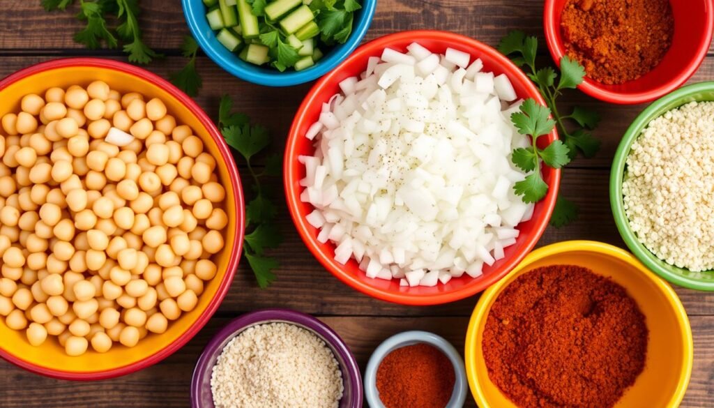 A vibrant flat lay of fresh ingredients for chickpea patties, including cooked garbanzo beans, finely chopped onions, minced garlic, fresh parsley, breadcrumbs, ground cumin, paprika, salt, and pepper in colorful bowls on a rustic wo