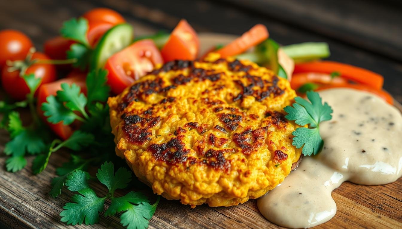 A close-up view of a golden-brown chickpea patty on a rustic wooden table, surrounded by fresh herbs like parsley and cilantro, with a side of vibrant, colorful vegetables like tomatoes, cucumbers, and bell peppers, drizzled with a cream