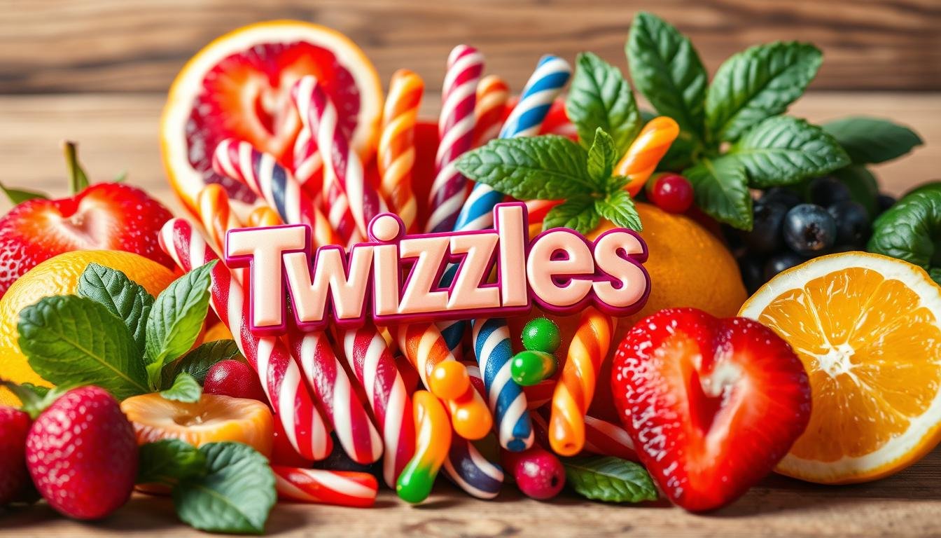 A vibrant display of colorful Twizzlers arranged artistically, surrounded by fresh fruits and green leaves to emphasize a vegan lifestyle, set against a natural wooden background, with soft lighting highlighting the textures and colors of the candies