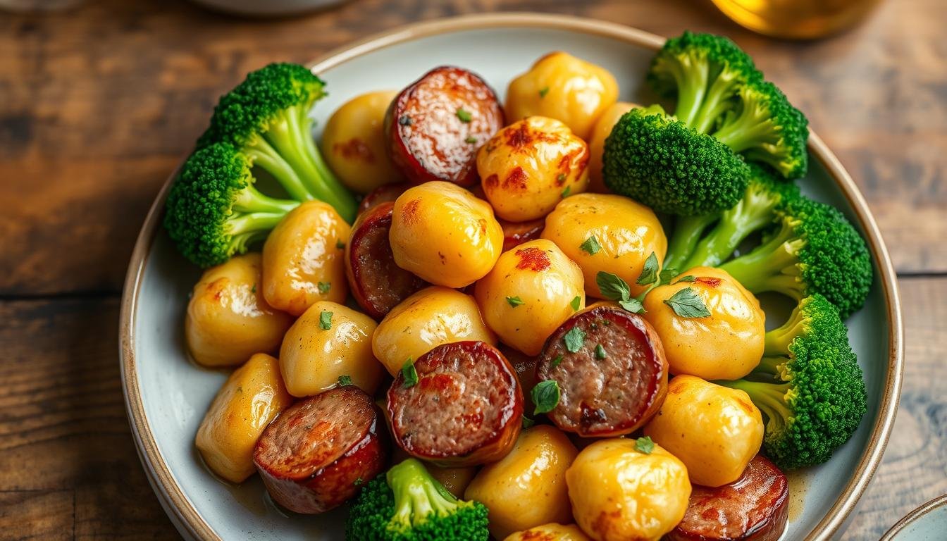 A plate of crispy golden gnocchi, perfectly seared, nestled with savory slices of sausage, surrounded by vibrant green broccoli florets, drizzled with olive oil, and sprinkled with fresh herbs, all presented on a rustic wooden tabletop.